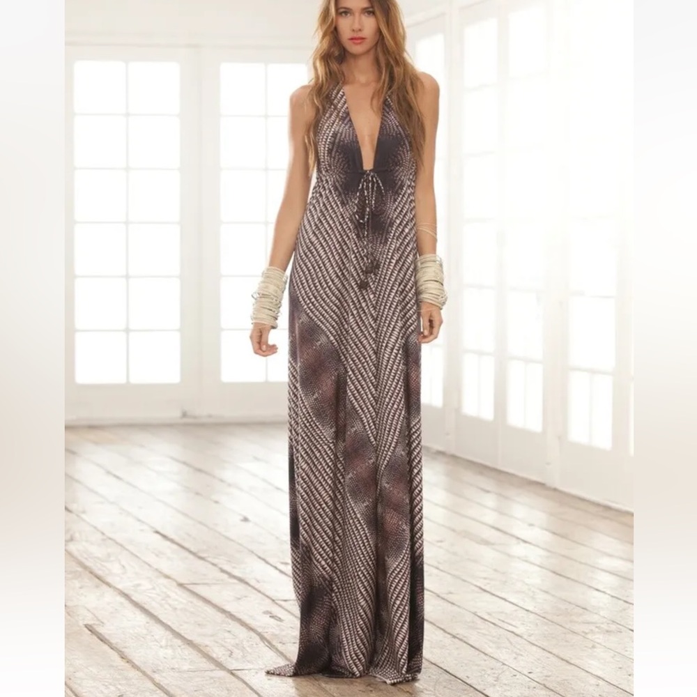 ALEXIS croc print halter boho hippie maxi dress XS